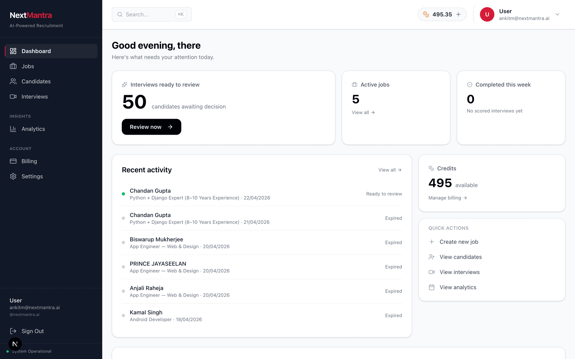NextMantra recruiter dashboard: candidates awaiting review, active jobs, and recent activity