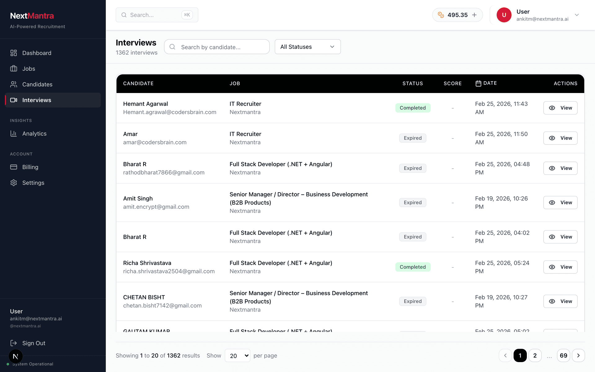 NextMantra interview pipeline with candidates, jobs, status, and scoring